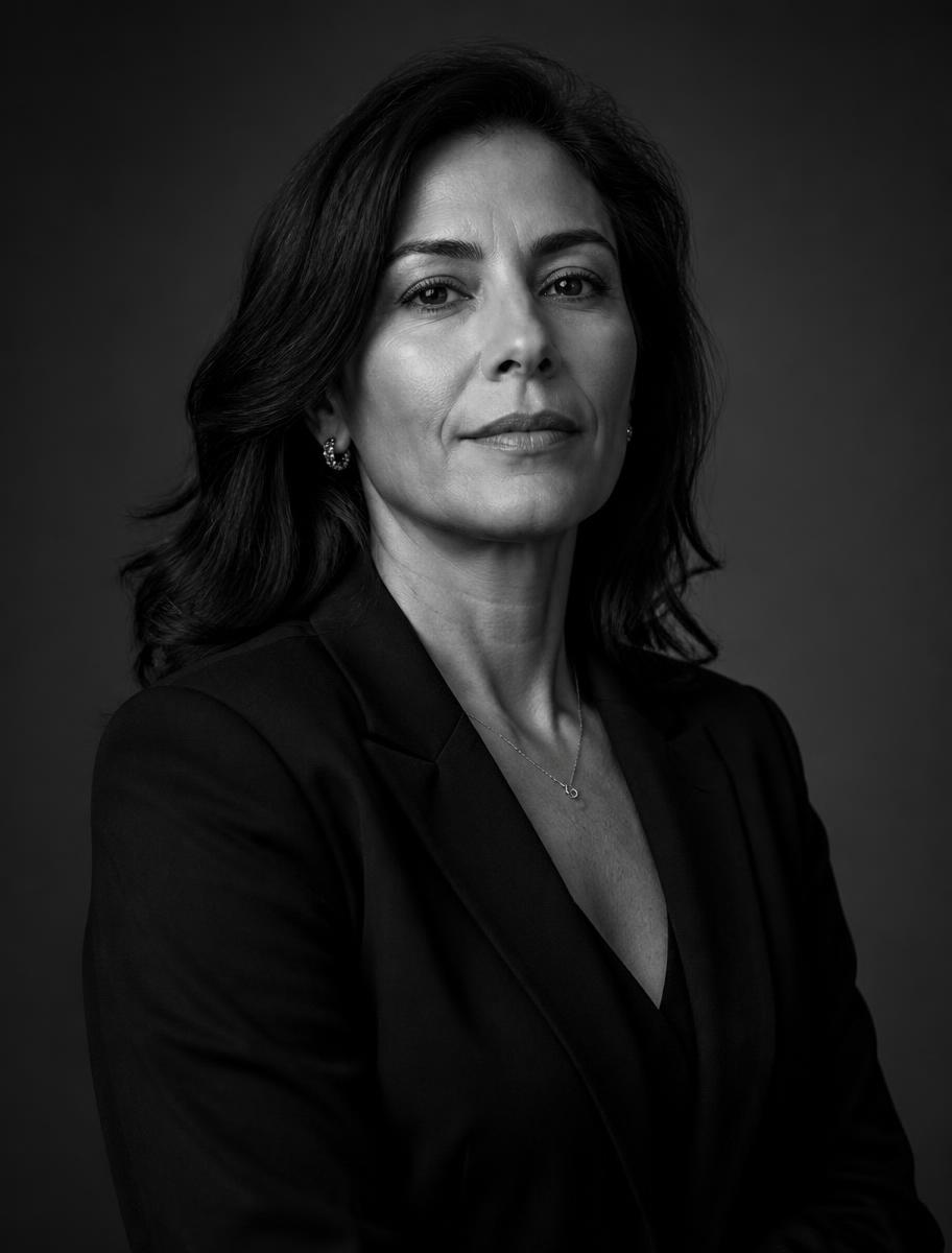 Retrato editorial em preto e branco da advogada Thainar Luccena